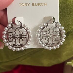Tory Burch Silver Logo Earrings with Pearl Trim